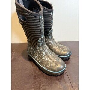 Bogs Youth Waterproof Pull On Boots Floral & Striped Black Blue Size 4 Thermal